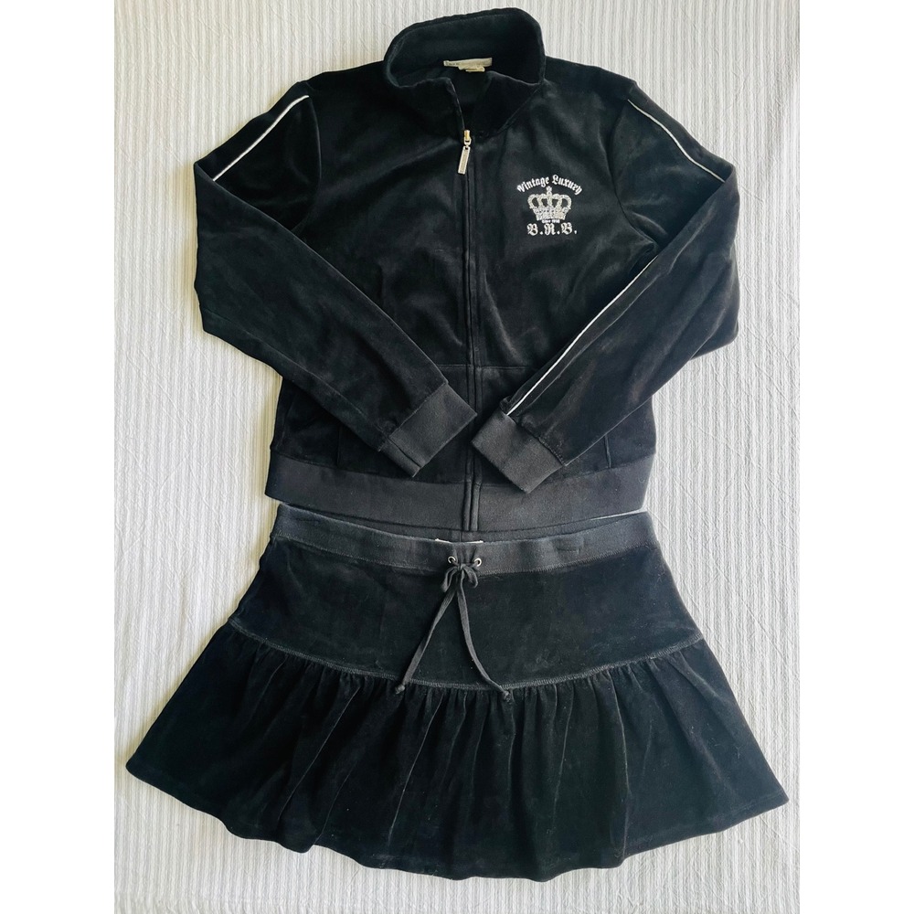 B.R.B. Be Right Back Black Velour Tracksuit Set Jacket Ruffle Skirt XL Y2K Crown